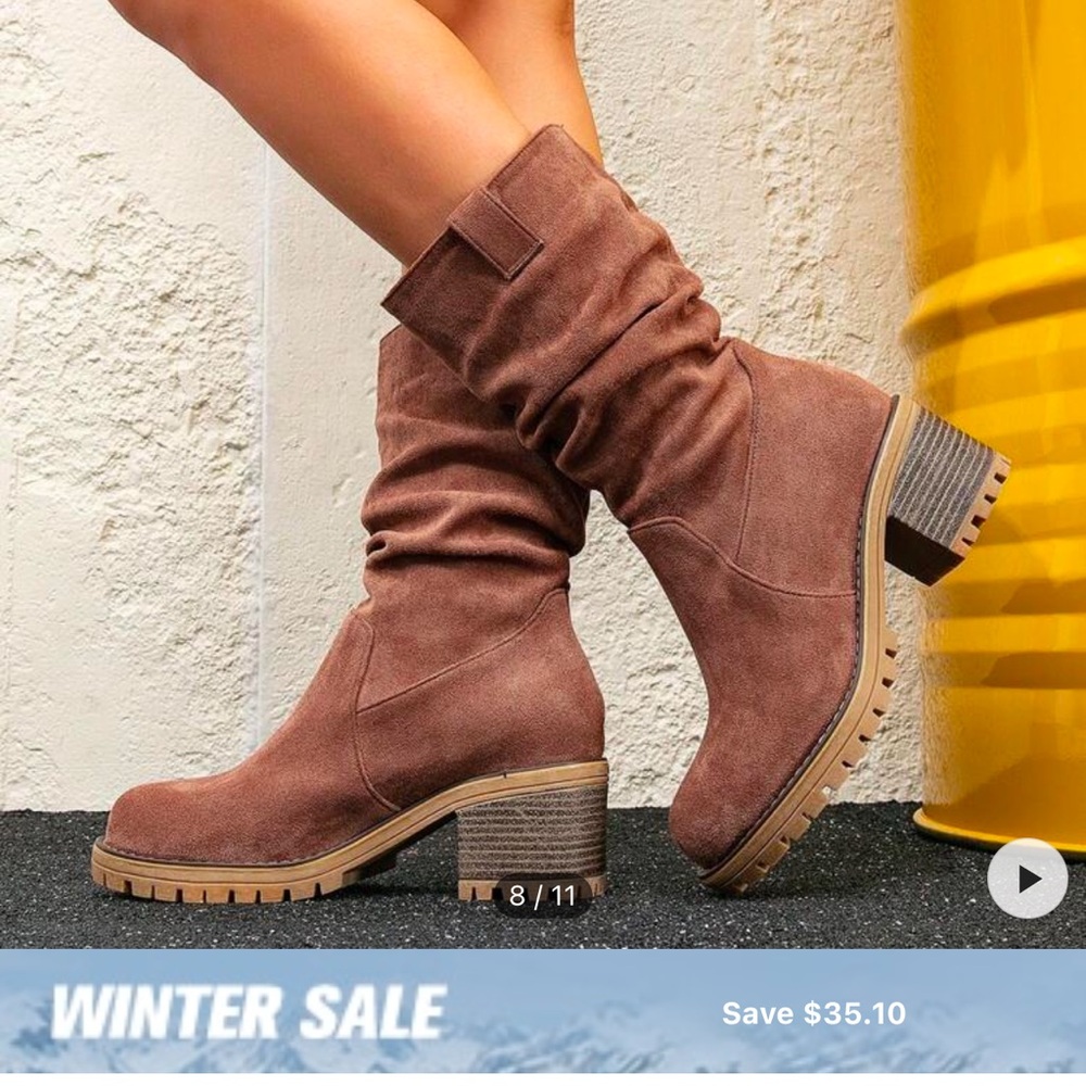 Brown Heeled Boots with Rounded Toe and Stitching Details